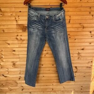 VGS Boot Cut Low Rise Jeans Blue 10 Embroidered Rhinestones Y2K Zip Fly